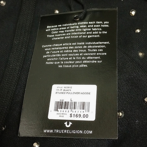 🆕 TRUE RELIGION BLACK HOODIE SWEATSHIRT WITH SILVER STUDS - Picture 8 of 10